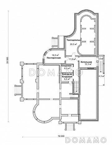 Проект коттеджа с бассейном, зимним садом и гаражом на 2 а/м,  / План цокольного этажа