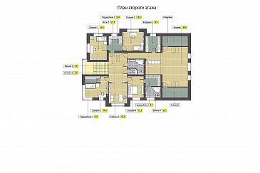Проект дома с гаражом, двумя открытыми террасами, кабинетами, игровой на втором этаже, кладовыми / План 2 этажа