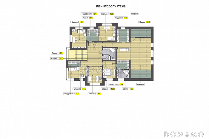 Проект дома с гаражом, двумя открытыми террасами, кабинетами, игровой на втором этаже, кладовыми / План 2 этажа