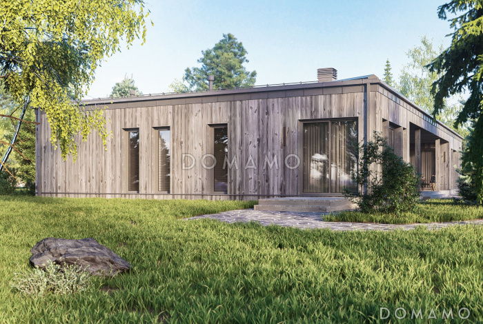 Проект одноэтажного дома из газобетона в стиле барнхаус с деревянной облицовкой и панорамными окнами