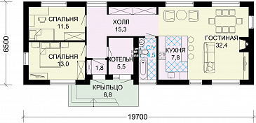 Проект одноэтажного дома из газобетона с большими окнами в гостиной / План 1 этажа