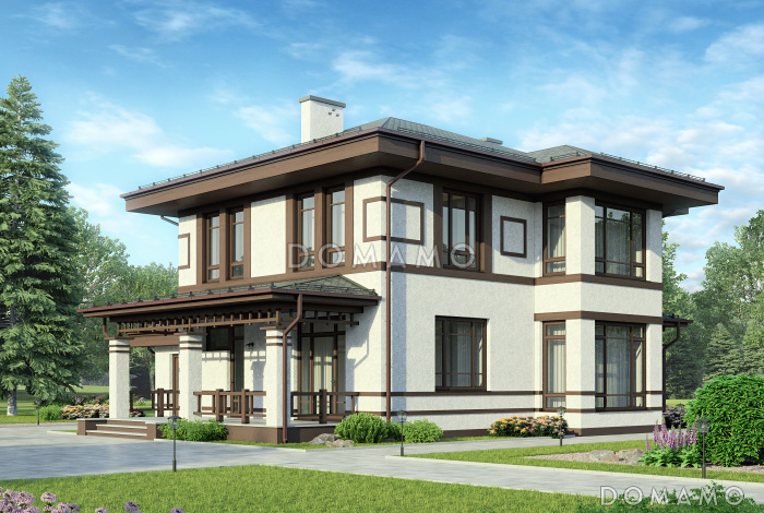 Проект двухэтажного газобетонного дома с гаражом,, масштабным остеклением и двумя террасами