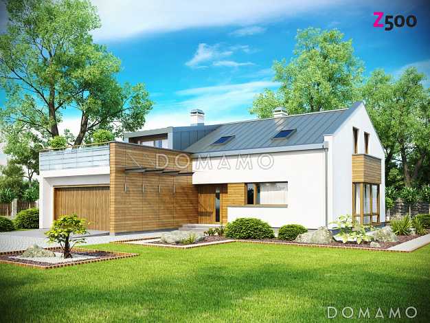 Проект просторного современного мансардного дома из газобетона с пятью комнатами, эркером и террасой над гаражом