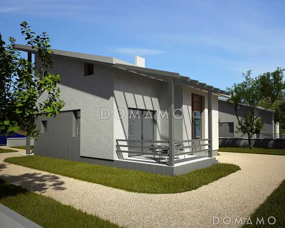 Загородный дом из СИП панелей с односкатной крышей, круглым окном, крытой террасой и вторым светом