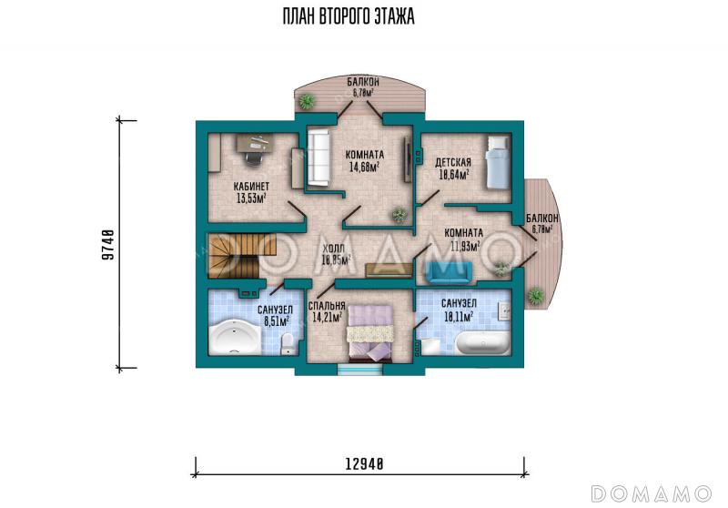 Проект дома со спортзалом и постирочной в подвале, 6 комнатами и террасой / План мансардного этажа