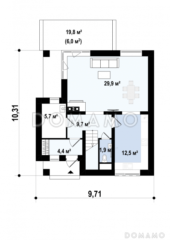 Проект небольшого одноэтажного мансардного дома из газобетона с тремя спальнями и просторной гостиной / План 1 этажа