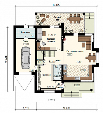 Проект загородного дома с гаражом, функциональной прихожей, просторной столовой зоной, зимнем садом / План 1 этажа
