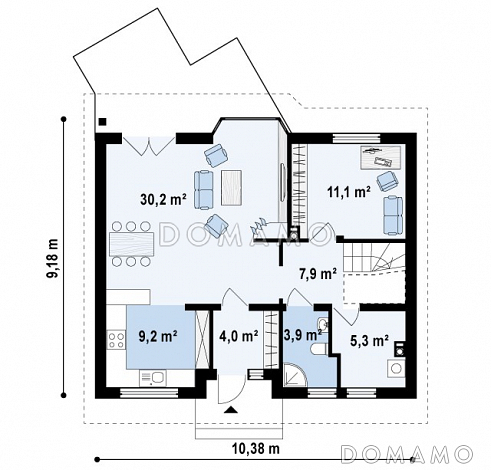 Проект одноэтажного мансардного дома из газобетона с кабинетом, тремя спальнями и эркером в гостиной / План 1 этажа