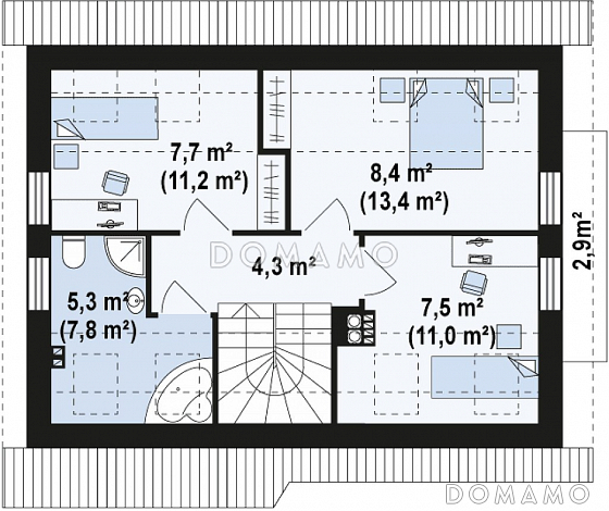 Проект одноэтажного мансардного дома из кирпича с балконом и навесом для автомобиля / План мансардного этажа