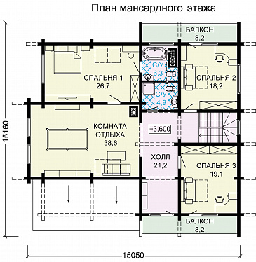 Проект дома с цокольным этажом, тренажерным залом, сауной и гаражом на два автомобиля / План мансардного этажа