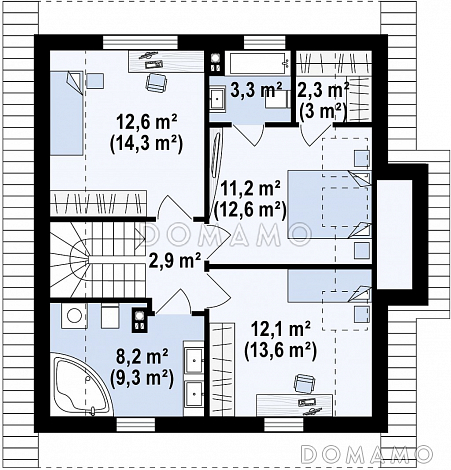 Проект небольшого одноэтажного мансардного дома из газобетона с эркером, с кабинетом и тремя спальнями / План мансардного этажа