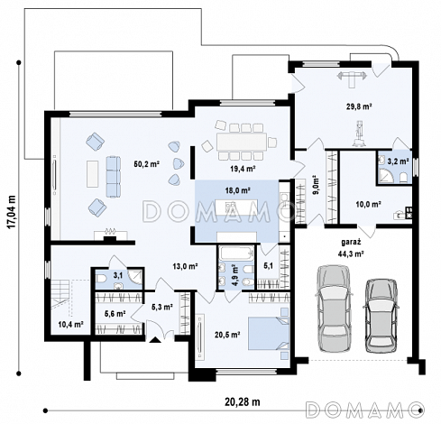 Проект большого комфортабельного двухэтажного дома из газобетона с пятью комнатами, спортзалом и вторым светом над просторной гостиной / План 1 этажа