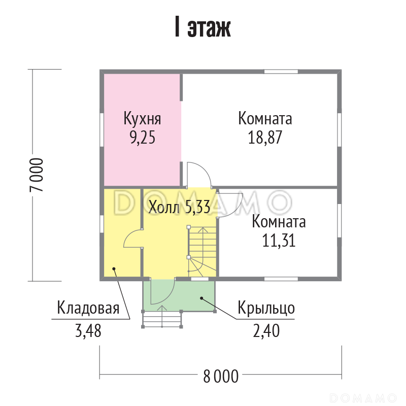 Проект дома с деревянной обшивкой вагонкой с небольшой кладовой / План 1 этажа