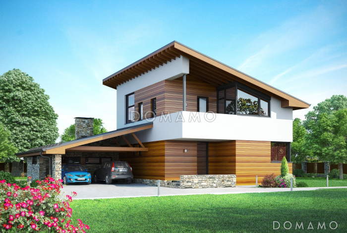 Проект дома из СИП панелей с навесом на две машины, крытой террасой, спальней на первом этаже, балконом