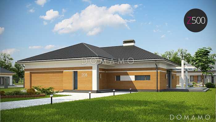 Проект углового одноэтажного дома из газобетона с облицовкой классических фасадов деревянной вагонкой и с гаражом на два автомобиля