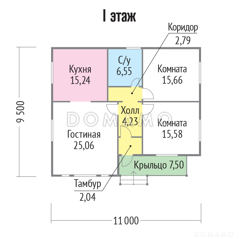 Проект каркасного дома с небольшой светлой гостинной / План 1 этажа