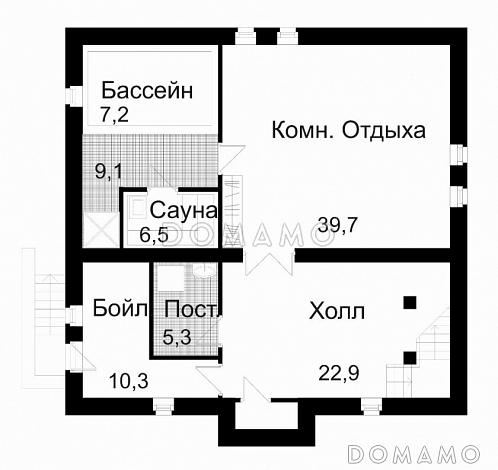 Проект двухэтажного дома с цокольным этажом и мансардой / План цокольного этажа