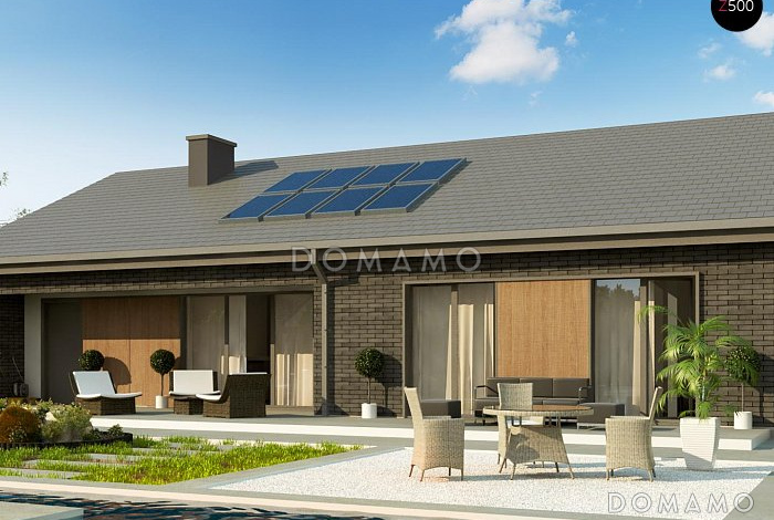 Проект одноэтажного дома с гаражом, просторной гостиной с выходом на террасу, кладовой на кухне