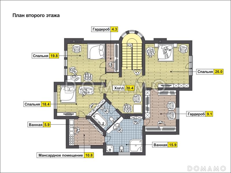 Дом с полукруглым эркером, смежным холлом, гостиной и столовой,  мансардным помещением / План 2 этажа