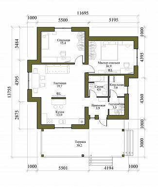 Проект одноэтажного дома из газобетона с мастер-спальней и крытой террасой / План 1 этажа