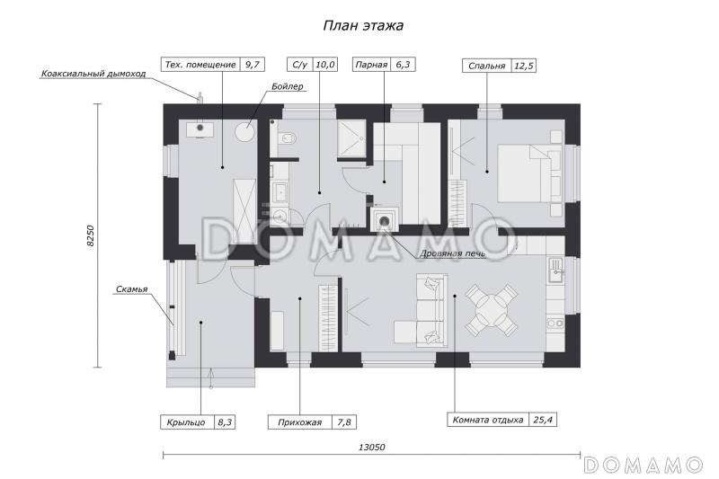Проект небольшого дома с одной спальней и парной / План 1 этажа