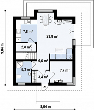 Проект классического одноэтажного мансардного дома из газобетона с эркером в столовой зоне, балконами и хозяйственным помещением / План 1 этажа
