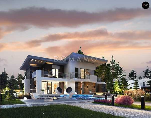 Проект загородного дома с подвалом, гаражом, кладовой в центре кухонной зоны, спальнями с санузлами на втором этаже