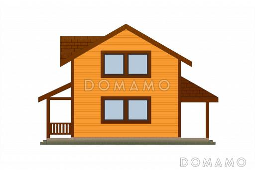 Проект каркасной бани с угловой крытой террасой, сараем и мансардным этажом / Фасад 2