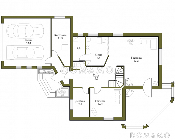Проект коттеджа с гаражом, террасой и подвалом / План 1 этажа