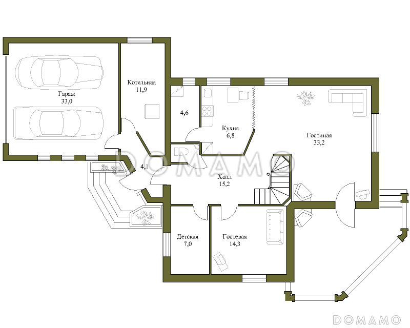 Проект коттеджа с гаражом, террасой и подвалом / План 1 этажа
