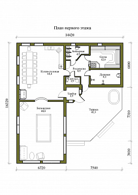 Проект одноэтажной бани с бильярдной и кухней-столовой / План 1 этажа