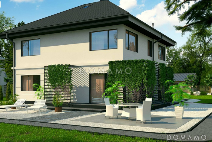 Проект дома для большой семьи с четырьмя спальнями, гаражом и террасой над ним, кухней с кладовой, комнатой отдыха на первом этаже