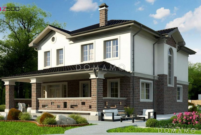 Проект двухэтажного дома с большой гостиной, террасой, кладовой в кухне