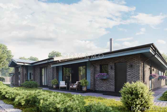 Проект одноэтажного каркасного дома с гостевой зоной, теплой верандой, мастер-спальней и навесом