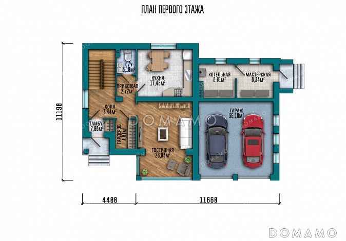 Проект загородного дома с 3 спальнями, изолированной кухней, гаражом на 2 машины и мастерской / План 1 этажа
