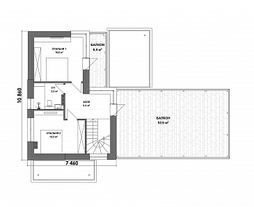 Проект двухэтажной бани из газобетона с кухней, гостиной, балконом и 2 спальнями / План 2 этажа