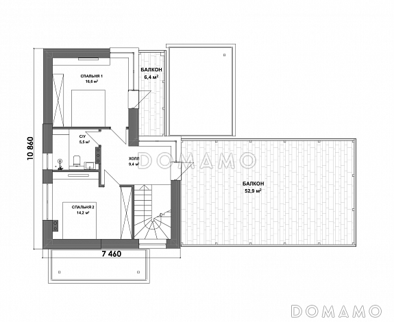 Проект двухэтажной бани из газобетона с кухней, гостиной, балконом и 2 спальнями / План 2 этажа