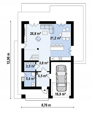 Проект комфортного дома с прачечной, гаражом, тремя спальнями на мансарде и просторной гардеробной / План 1 этажа