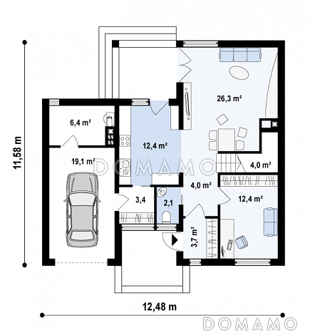 Проект современного каркасного двухэтажного дома с четырьмя спальнями, кабинетом и пристроенным гаражом / План 1 этажа