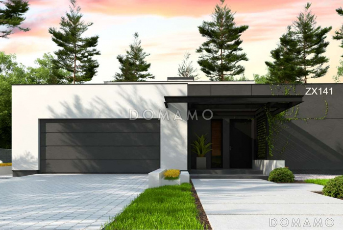 Проект просторного современного одноэтажного дома из газобетона с плоской крышей, с большой гостиной, террасой и гаражом 