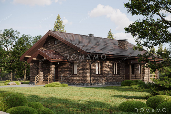 Проект выразительного одноэтажного дома с двухскатной крышей в разных уровнях, большой террасой и вторым светом