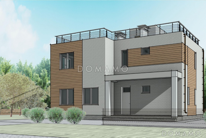 Проект загородного дома с просторной кухней-гостиной, кабинетом и сауной на втором этаже