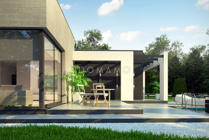 Проект просторного современного одноэтажного дома из кирпича с плоской крышей с четырьмя спальнями, террасой и крытым навесом для двух автомобилей