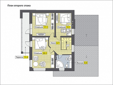 Загородный дом с кухней-столовой, сауной, спальней на первом этаже, террасой / План мансардного этажа
