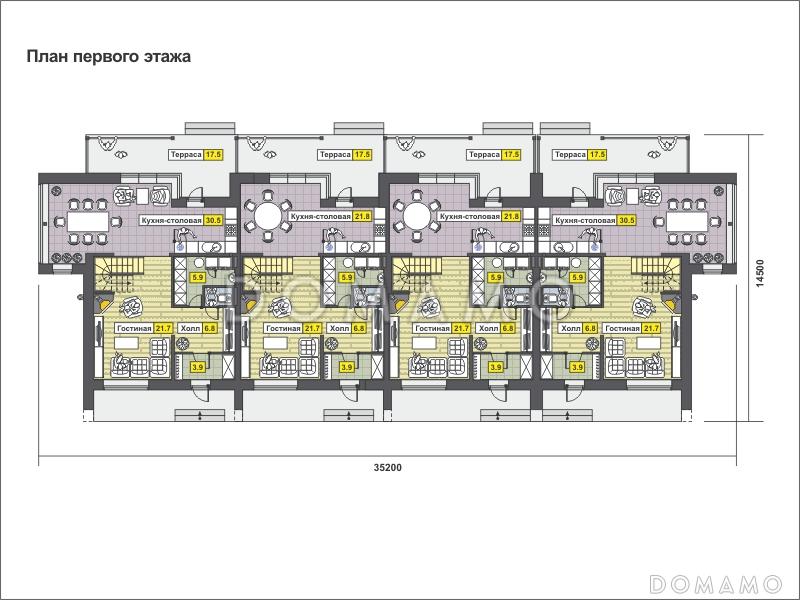 Проект дома с крытой террасой, балконами, круглыми окнами, большой кухней-столовой / План 1 этажа