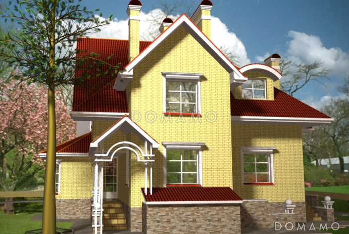 Проект дома с цокольным и мансардным этажами, с двумя эркерами - башнями