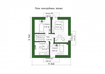 Проект компактного двухэтажного дома с 3 балконами и мансардой / План мансардного этажа