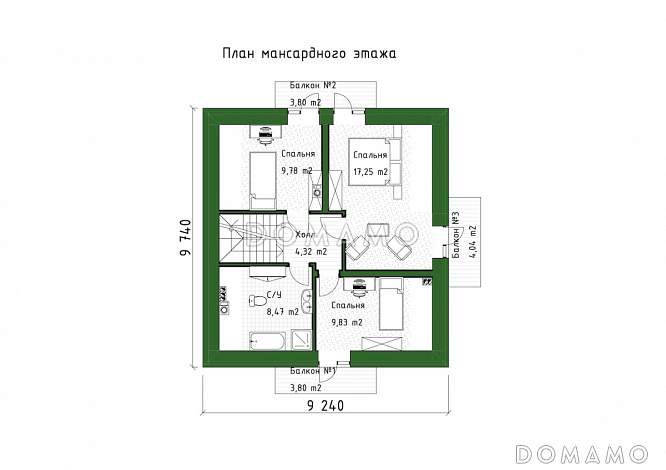 Проект компактного двухэтажного дома с 3 балконами и мансардой / План мансардного этажа