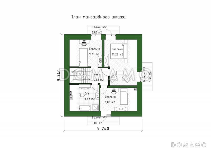 Проект компактного двухэтажного дома с 3 балконами и мансардой / План мансардного этажа