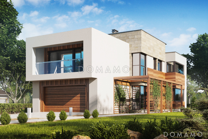 Проект современного загородного дома с гаражом на 2 автомобиля, террасой, большой кухней, кабинетом
